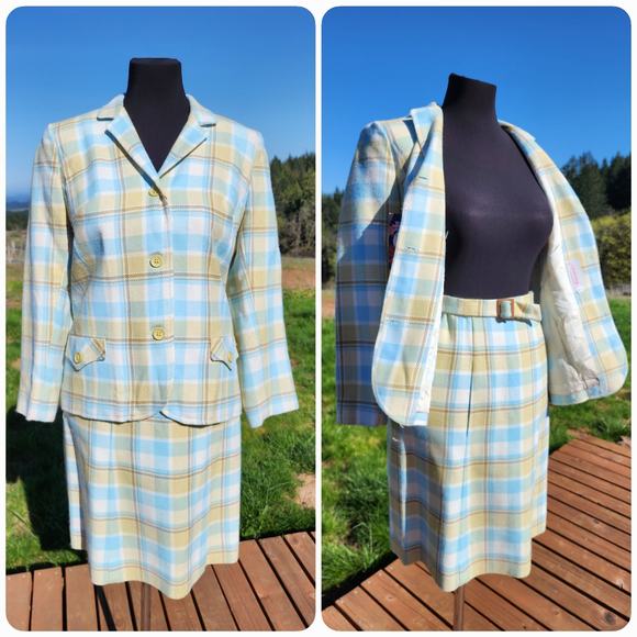 Vintage 1960's Deadstock Plaid in Blue, White, Yellow Skirt Suit | XS to Small - Picture 2 of 14